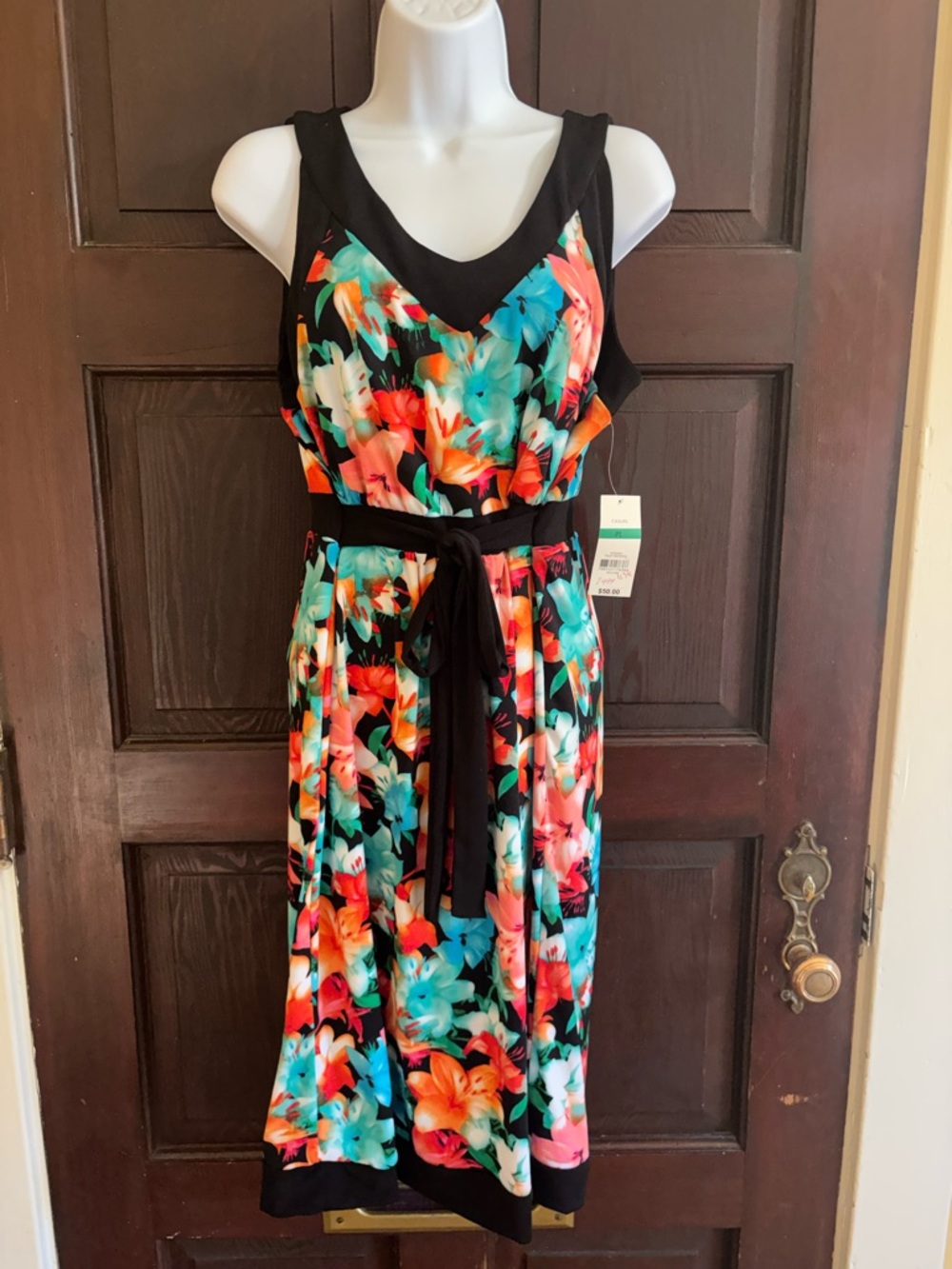 NWT Kim Rogers Black Floral Midi Dress with Teal and Coral Accents